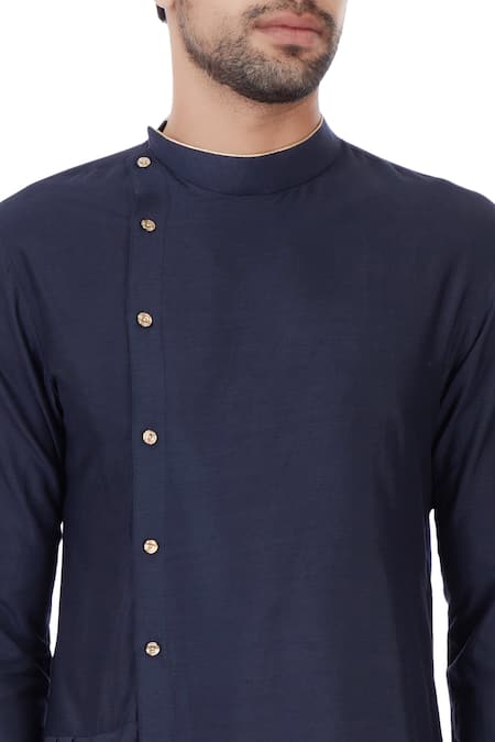 Vavci_Blue Silk Blend Solid Asymmetric Kurta_at_Aza_Fashions