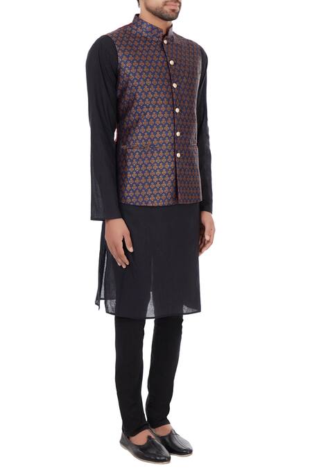 Vavci_Blue Brocade Raw Silk Printed Ethnic Motifs Nehru Jacket_Online_at_Aza_Fashions