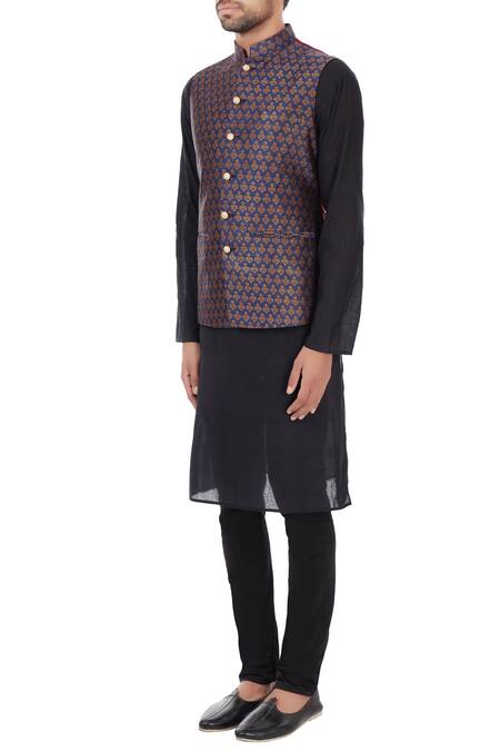 Buy_Vavci_Blue Brocade Raw Silk Printed Ethnic Motifs Nehru Jacket_Online_at_Aza_Fashions