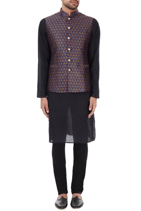 Shop_Vavci_Blue Brocade Raw Silk Printed Ethnic Motifs Nehru Jacket_Online_at_Aza_Fashions