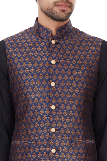 Vavci_Blue Brocade Raw Silk Printed Ethnic Motifs Nehru Jacket_at_Aza_Fashions