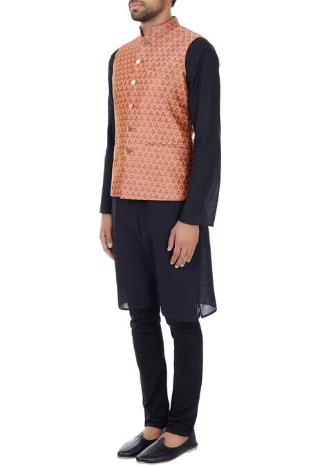 Buy_Vavci_Pink Brocade Floral Textured Nehru Jacket_Online_at_Aza_Fashions
