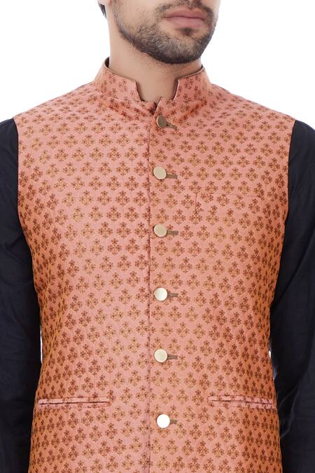 Vavci_Pink Brocade Floral Textured Nehru Jacket_at_Aza_Fashions
