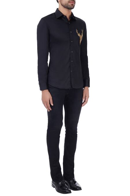 Vavci_Black Egyptian Cotton Embroidered Zardozi Shirt_Online_at_Aza_Fashions