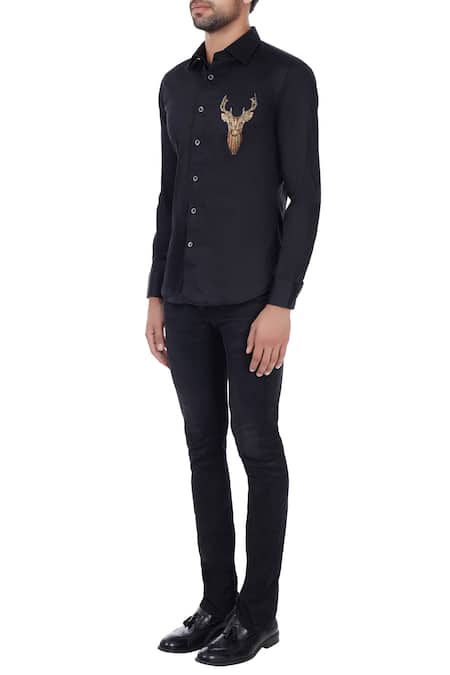 Buy_Vavci_Black Egyptian Cotton Embroidered Zardozi Shirt_Online_at_Aza_Fashions