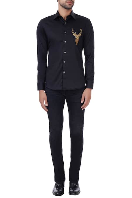 Shop_Vavci_Black Egyptian Cotton Embroidered Zardozi Shirt_Online_at_Aza_Fashions