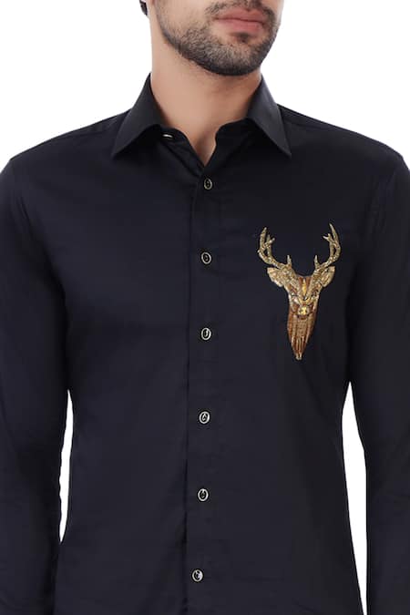 Vavci_Black Egyptian Cotton Embroidered Zardozi Shirt_at_Aza_Fashions