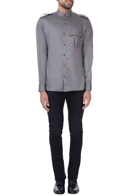 Shop_Vavci_Grey Egyptian Cotton Solid Military Shirt_Online_at_Aza_Fashions
