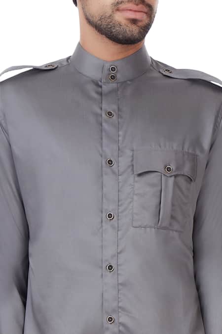 Vavci_Grey Egyptian Cotton Solid Military Shirt_at_Aza_Fashions