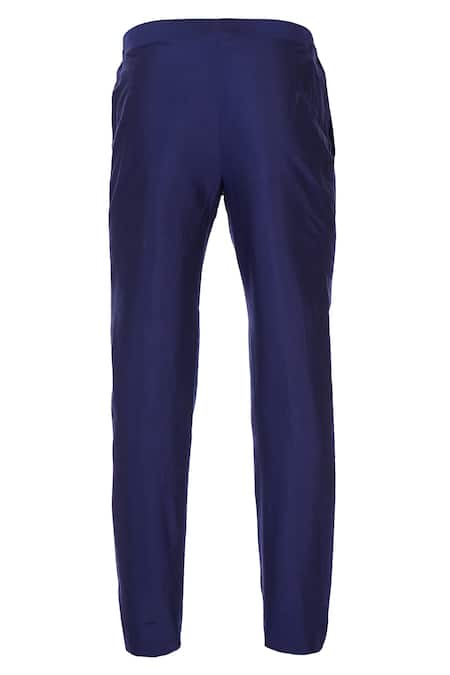 Vavci_Blue Silk Blend Slim Fit Trousers_Online_at_Aza_Fashions