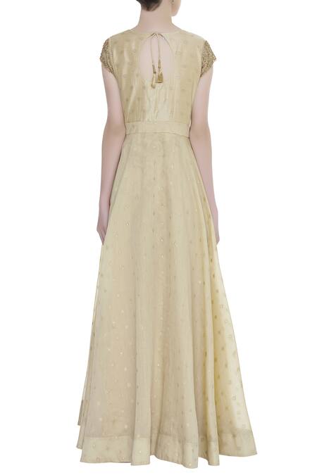 Shop_Nazaakat By Samara Singh_Beige Banarasi Silk Anarkali With Dupatta_at_Aza_Fashions