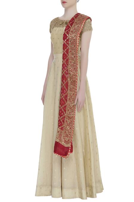 Nazaakat By Samara Singh_Beige Banarasi Silk Anarkali With Dupatta_Online_at_Aza_Fashions