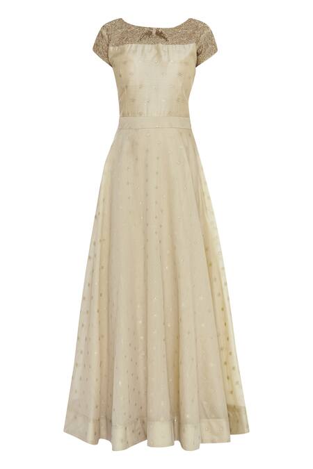 Buy_Nazaakat By Samara Singh_Beige Banarasi Silk Anarkali With Dupatta_Online_at_Aza_Fashions