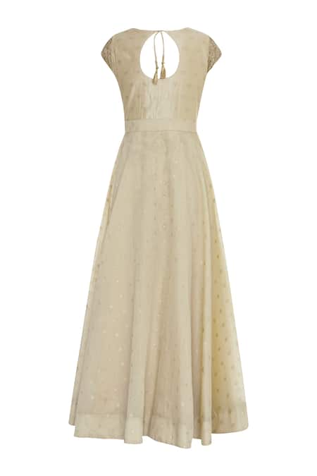 Shop_Nazaakat By Samara Singh_Beige Banarasi Silk Anarkali With Dupatta_Online_at_Aza_Fashions