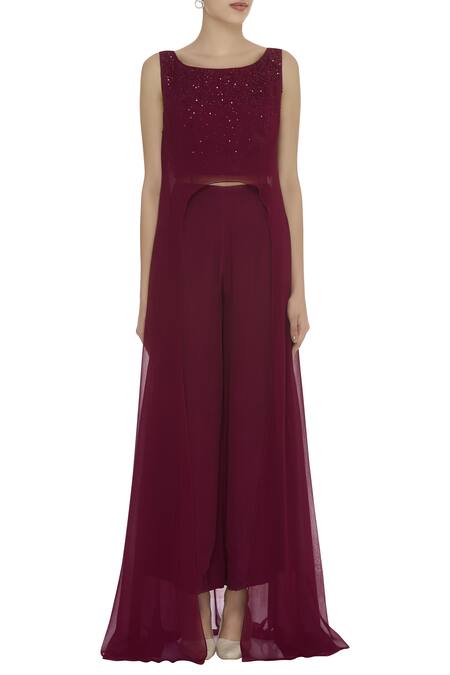 Pooja Peshoria_Wine Round Asymmetric Tunic Pant Set _Online_at_Aza_Fashions
