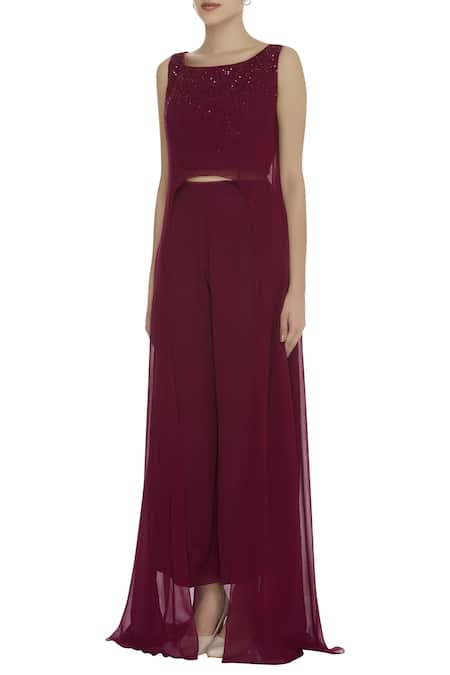 Buy_Pooja Peshoria_Wine Round Asymmetric Tunic Pant Set _Online_at_Aza_Fashions