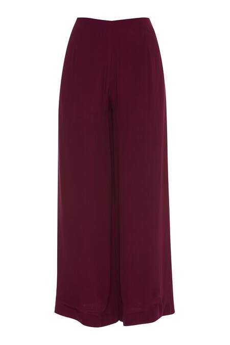 Shop_Pooja Peshoria_Wine Round Asymmetric Tunic Pant Set _Online_at_Aza_Fashions