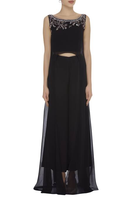 Pooja Peshoria_Black Round Asymmetric Tunic Pant Set _Online_at_Aza_Fashions