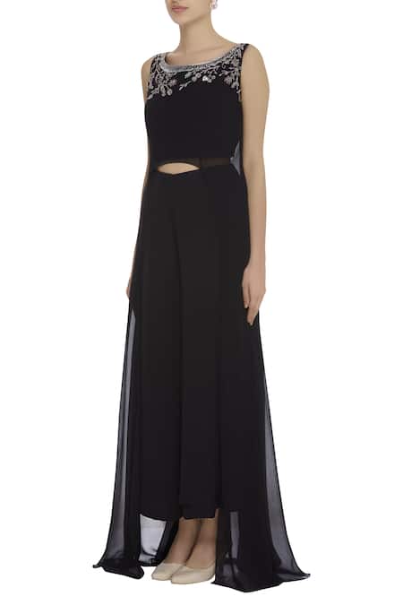 Buy_Pooja Peshoria_Black Round Asymmetric Tunic Pant Set _Online_at_Aza_Fashions