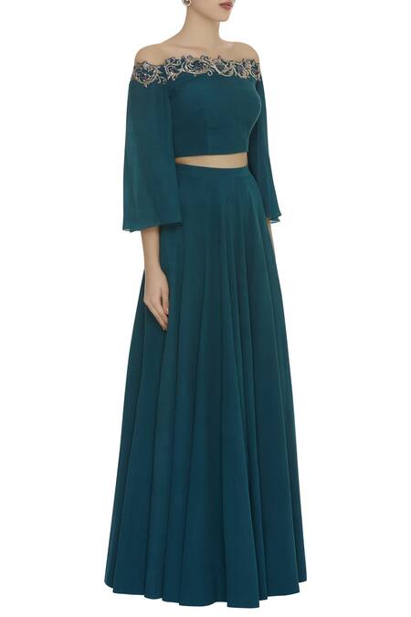 Pooja Peshoria_Blue Embroidered Lehenga Set _Online_at_Aza_Fashions