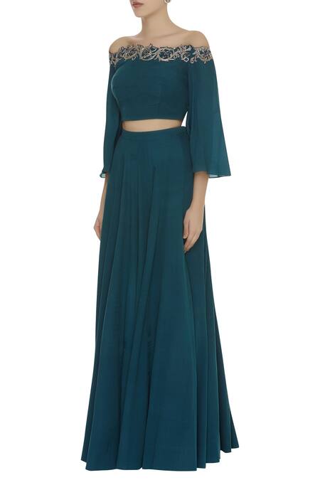 Buy_Pooja Peshoria_Blue Embroidered Lehenga Set _Online_at_Aza_Fashions