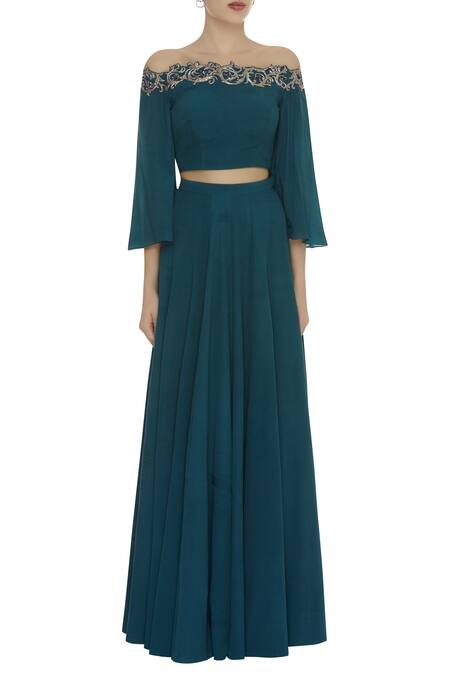 Shop_Pooja Peshoria_Blue Embroidered Lehenga Set _Online_at_Aza_Fashions