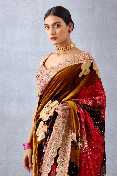 Shop_Torani_Yellow Velvet, Slub And Crepe Digital Aftaabi Rabia Makhmal Saree _Online_at_Aza_Fashions