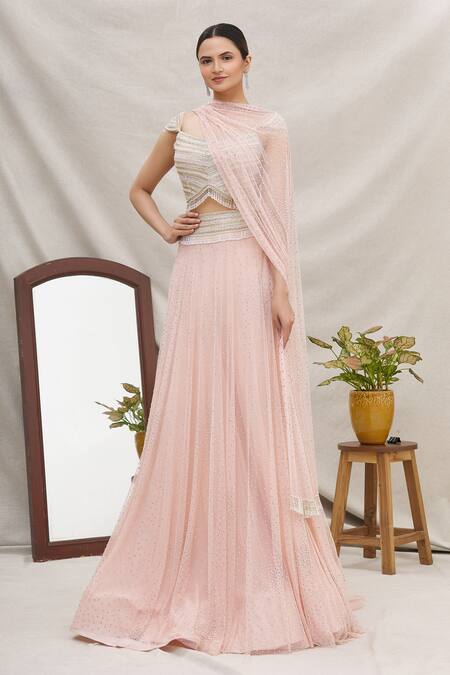 Buy_Ekta Singh_Pink Net V Neck Embroidered Bridal Lehenga Set _Online_at_Aza_Fashions