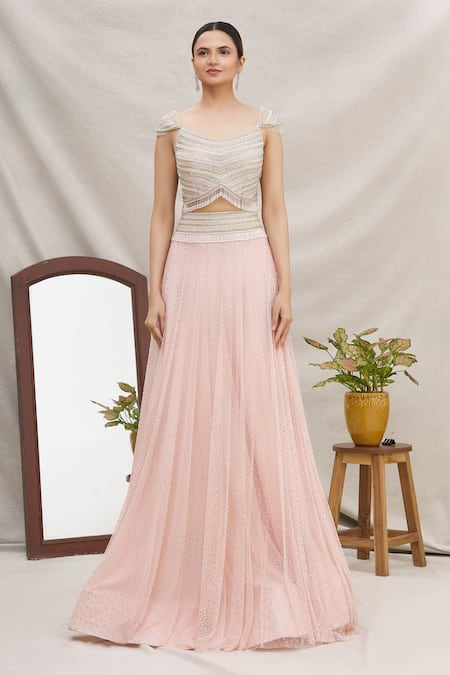 Shop_Ekta Singh_Pink Net V Neck Embroidered Bridal Lehenga Set _Online_at_Aza_Fashions