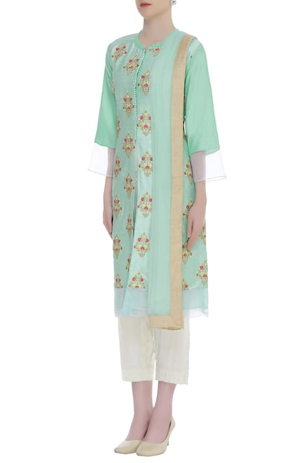 Manasi Sengupta_Green Band Collar Embroidered Kurta Set  _Online_at_Aza_Fashions