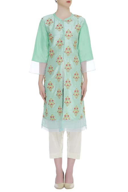 Buy_Manasi Sengupta_Green Band Collar Embroidered Kurta Set  _Online_at_Aza_Fashions