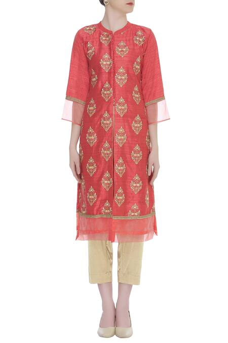 Buy_Manasi Sengupta_Red Band Collar Embroidered Kurta Set  _Online_at_Aza_Fashions