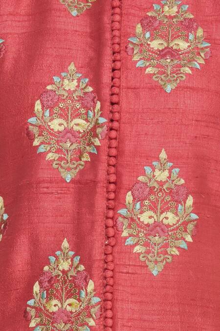 Manasi Sengupta_Red Band Collar Embroidered Kurta Set  _at_Aza_Fashions