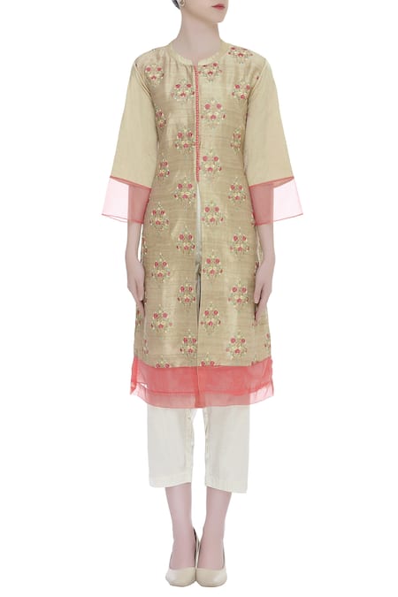 Buy_Manasi Sengupta_Gold Band Collar Embroidered Kurta Set  _Online_at_Aza_Fashions