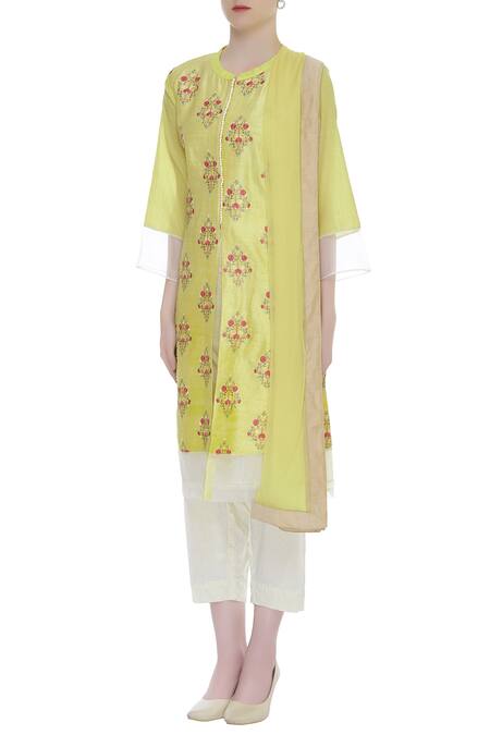 Manasi Sengupta_Yellow Band Collar Embroidered Kurta Set  _Online_at_Aza_Fashions
