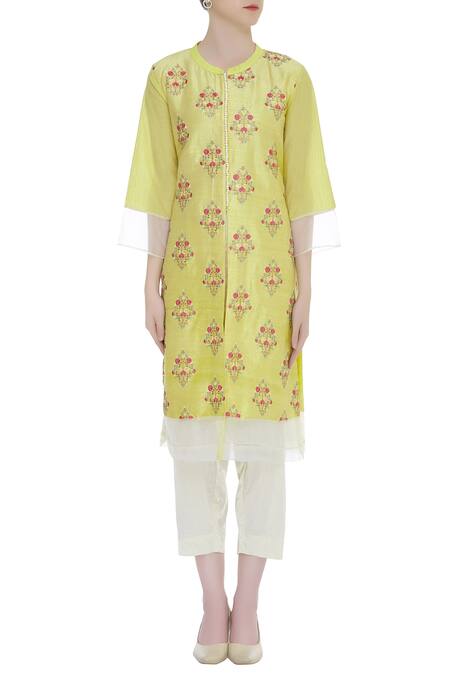 Buy_Manasi Sengupta_Yellow Band Collar Embroidered Kurta Set  _Online_at_Aza_Fashions