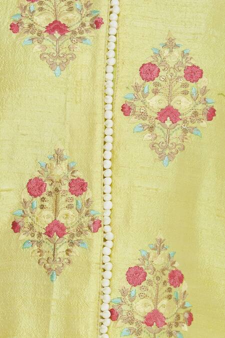 Manasi Sengupta_Yellow Band Collar Embroidered Kurta Set  _at_Aza_Fashions