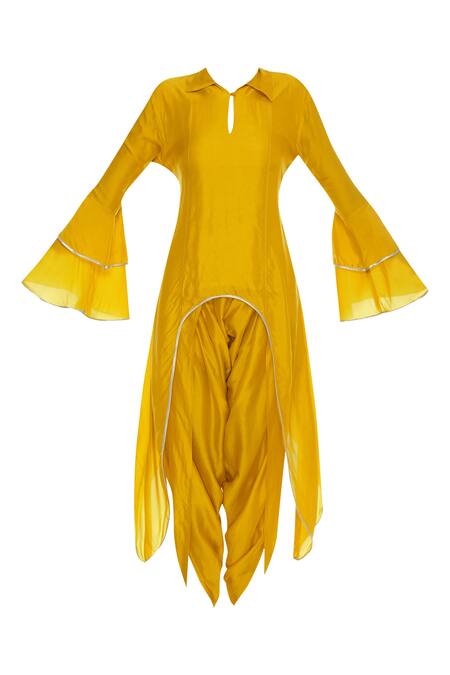 Aksh_Yellow Silk, Organza Embroidered Shirt Bell Sleeves Kurta Dhoti Set With Jacket_Online_at_Aza_Fashions