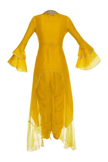 Buy_Aksh_Yellow Silk, Organza Embroidered Shirt Bell Sleeves Kurta Dhoti Set With Jacket_Online_at_Aza_Fashions
