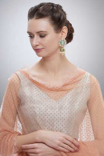 Shop Moh-Maya By Disha Khatri Gold Plated Beads, Diamonds, Metallic Thread Meenakari Kundan Jhumkas at Aza Fashions Shop_Moh-Maya By Disha Khatri_Gold Plated Beads, Diamonds, Metallic Thread Meenakari Kundan Jhumkas _at_Aza_Fashions