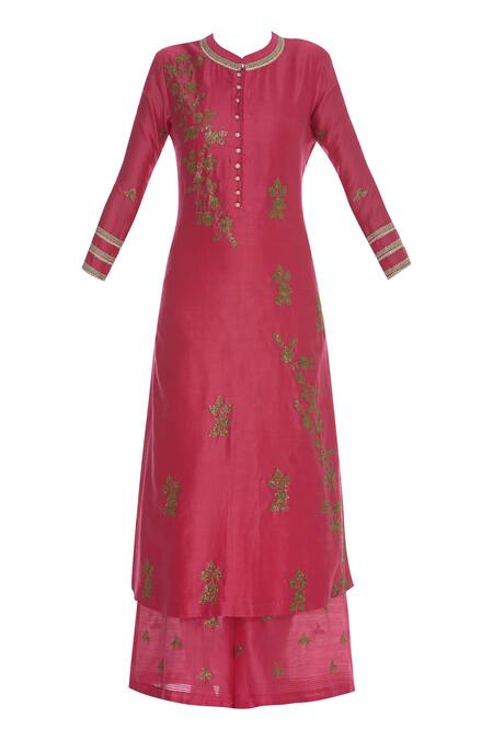 Buy_Manasi Sengupta_Pink Embroidery Mandarin Collar Sequin Kurta Palazzo Set  _Online_at_Aza_Fashions