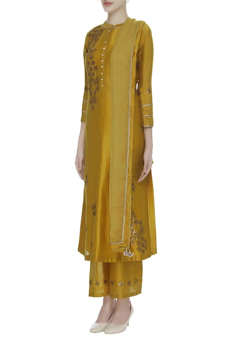 Manasi Sengupta_Yellow Silk Chanderi Mandarin Collar Kurta Palazzo Set  _Online_at_Aza_Fashions