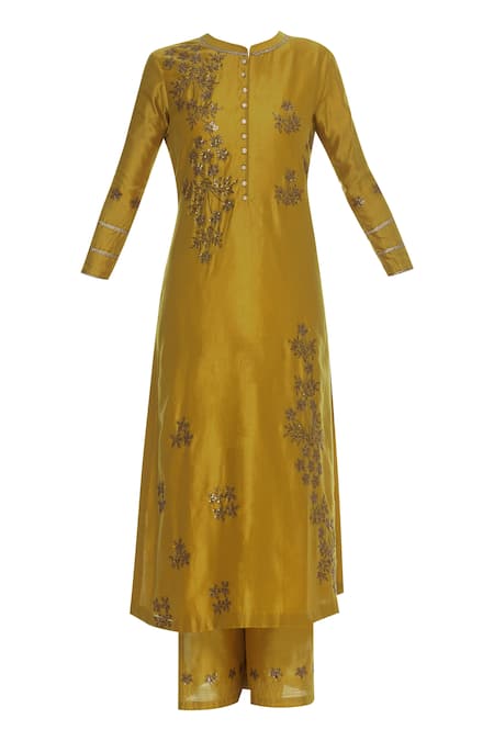 Buy_Manasi Sengupta_Yellow Silk Chanderi Mandarin Collar Kurta Palazzo Set  _Online_at_Aza_Fashions