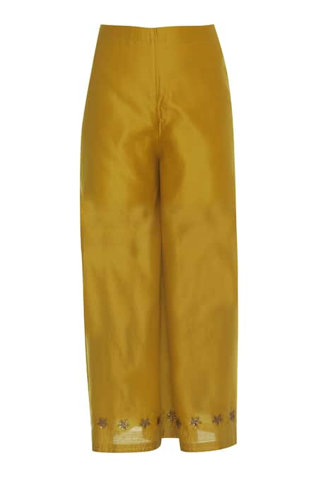 Shop_Manasi Sengupta_Yellow Silk Chanderi Mandarin Collar Kurta Palazzo Set  _Online_at_Aza_Fashions