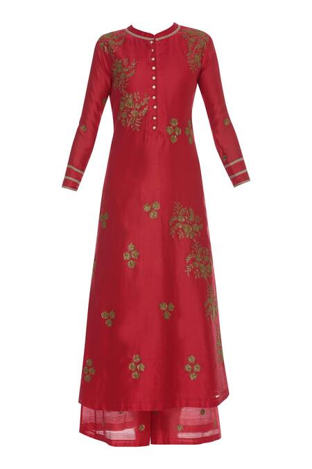 Buy_Manasi Sengupta_Red Embroidery Mandarin Collar Kurta Palazzo Set  _Online_at_Aza_Fashions