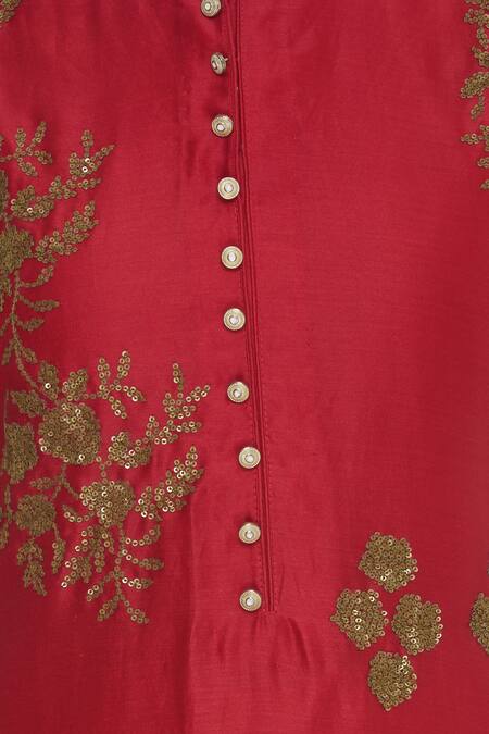 Manasi Sengupta_Red Embroidery Mandarin Collar Kurta Palazzo Set  _at_Aza_Fashions
