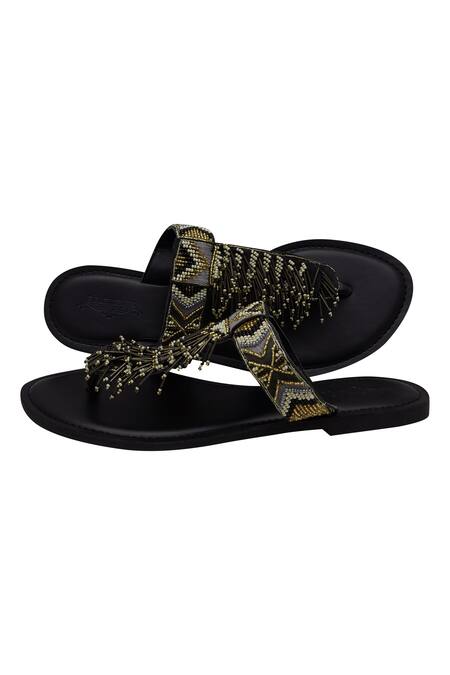 5elements_Black Embroidered Leather Flats _Online_at_Aza_Fashions