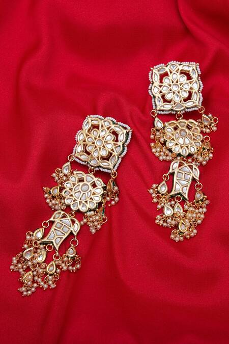 Shop_Just Shradhas_Gold Plated Diamonds, Pearls Kundan Dangler Earrings _Online_at_Aza_Fashions
