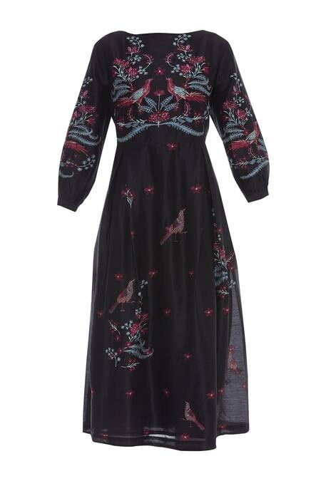 Avinash Tomar_Black Round Chanderi Embroidered Dress_Online_at_Aza_Fashions