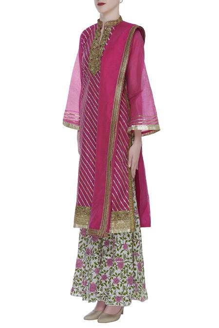 Kunwarani Ritu_White Chanderi Gota Patti Embroidered Zardozi Kurta Sharara Set  _Online_at_Aza_Fashions